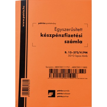 Nyomtatvány, készpénzfizetési számlatömb, egy ÁFÁs, 50x3 lap, A5, PÁTRIA, "B.13-373/V/PM"
