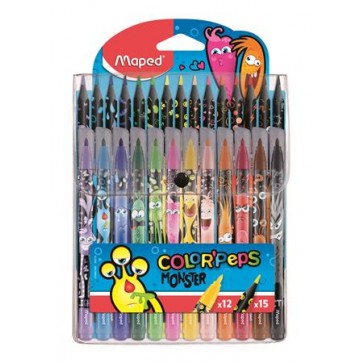 Filctoll és színes ceruza készlet, MAPED "Color`Peps Monster" 12+15 különböző szín