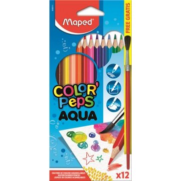 Akvarell ceruza készlet, háromszögletű, ecsettel, MAPED "Color`Peps", 12 különböző szín