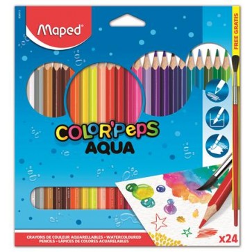 Akvarell ceruza készlet, háromszögletű, ecsettel, MAPED "Color`Peps", 24 különböző szín