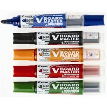 Táblamarker készlet, 2,3 mm, kúpos, tartóval és szivaccsal, PILOT "V-Board Master", 5 különböző szín