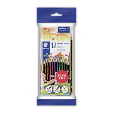 Színes ceruza készlet, hatszögletű, ajándék grafitceruzával és radírral, STAEDTLER "Noris 185", 12 különböző szín