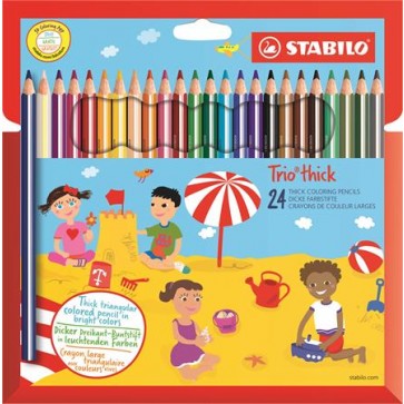 Színes ceruza készlet, vastag, háromszögletű, hegyezővel, STABILO "Trio thick", 24 különböző szín