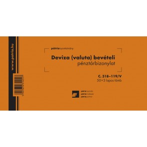 Nyomtatvány, deviza (valuta) bevételi pénztárbizonylat, 50x3 lap, 203x102 mm, fekvő, PÁTRIA "C.318-119/V"