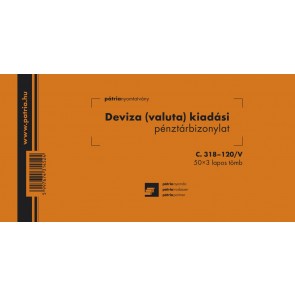 Nyomtatvány, deviza (valuta) kiadási pénztárbizonylat, 50x3 lap, 203x102 mm, fekvő, PÁTRIA "C.318-120/V"