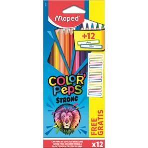 Színes ceruza készlet, háromszögletű, MAPED, "Color`Peps Strong" 12 különböző szín + 12 ajándék matrica