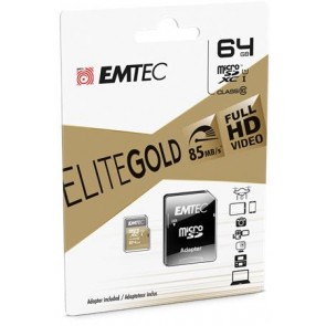Memóriakártya, microSDXC, 64GB, UHS-I/U1, 85/20 MB/s, adapter, EMTEC "Elite Gold"