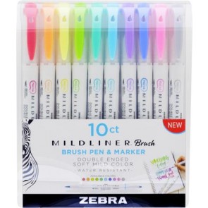 Ecsetirón készlet, 0,5/0,7 mm, kétvégű, ZEBRA "Mildliner Brush&Marker", 10 különböző szín