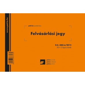 Nyomtatvány, felvásárlási jegy, 50x3 lap, A5, fekvő, PÁTRIA "D.E.480/A/2012"