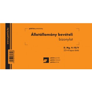 Nyomtatvány, állatállomány bevételi bizonylat, 25x4 lap, 203x102 mm, fekvő, PÁTRIA "D.MG.4-10/V"