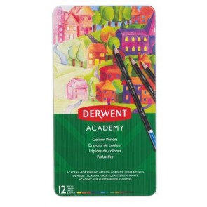 Színes ceruza készlet, fém doboz, DERWENT "Academy", 12 különböző szín