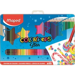 Színes ceruza készlet, háromszögletű, fém doboz, MAPED "Color`Peps Star", 48 különböző szín