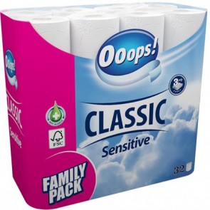 Toalettpapír, 3 rétegű, kistekercses, 32 tekercs, OOOPS "Classic", sensitive