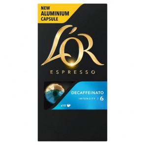 Kávékapszula, 10 db, koffeinmentes, JACOBS DOUWE EGBERTS "L`OR Decaffeinato"