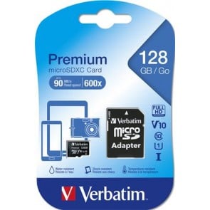 Memóriakártya, microSDXC, 128GB, CL10/U1, 90/10 MB/s, adapter, VERBATIM "Premium"