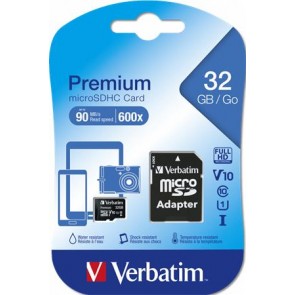 Memóriakártya, microSDHC, 32GB, CL10/U1, 90/10 MB/s, adapter, VERBATIM "Premium"