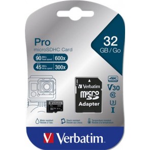 Memóriakártya, microSDHC, 32GB, CL10/U3, 90/45 MB/s, adapter, VERBATIM "PRO"