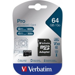 Memóriakártya, microSDXC, 64GB, CL10/U3, 90/45 MB/s, adapter, VERBATIM "PRO"