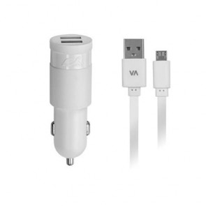 Autós töltő, 2 x USB, 2,4A, micro USB kábellel, RIVACASE "VA 4222 WD1", fehér