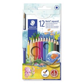 Akvarell ceruza készlet, hatszögletű, ecsettel, STAEDTLER "Noris® aquarell 144 10", 12 különböző szín